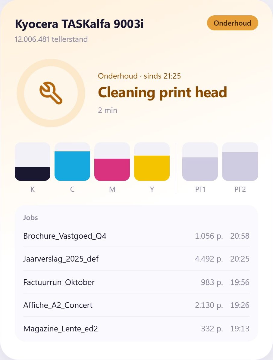 Printerkaart in onderhoud met de letterlijke melding van het paneel: "Cleaning print head"